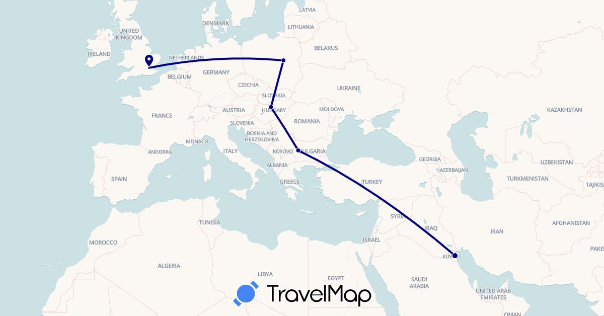 TravelMap itinerary: driving in Bulgaria, United Kingdom, Hungary, Kuwait, Poland (Asia, Europe)